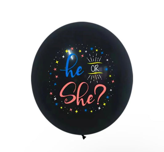 XXL Latexballon „he or she“ mit Konfetti rosa/blau