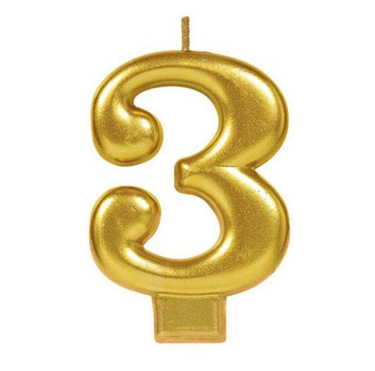 Number candle 3, shimmering gold