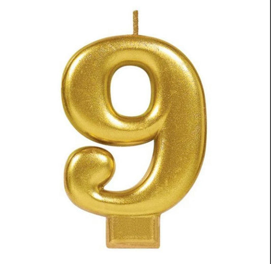 Number candle 9, shimmering gold