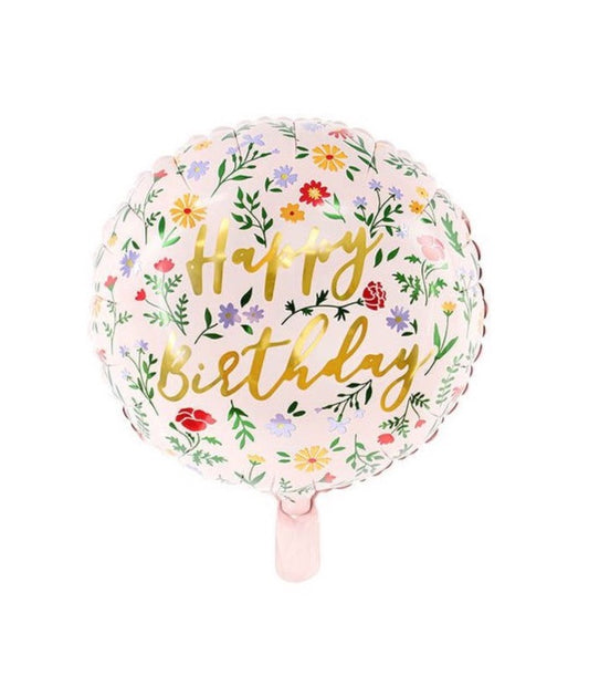 Happy Birthday foil balloon with floral pattern